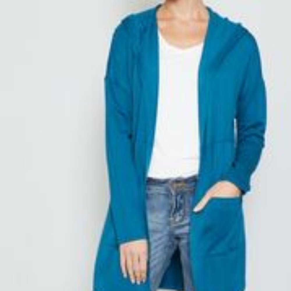 Blue Long Sleeve Open Front Hooded Cardigan